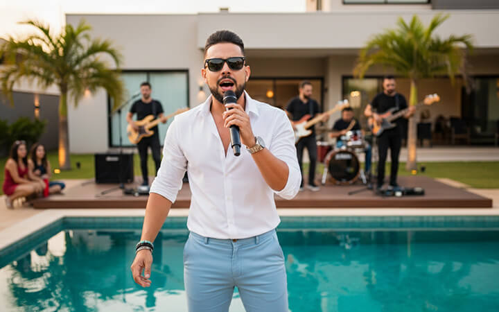 Felipe Lucas cantando em show de banda compacta na beira de uma piscina